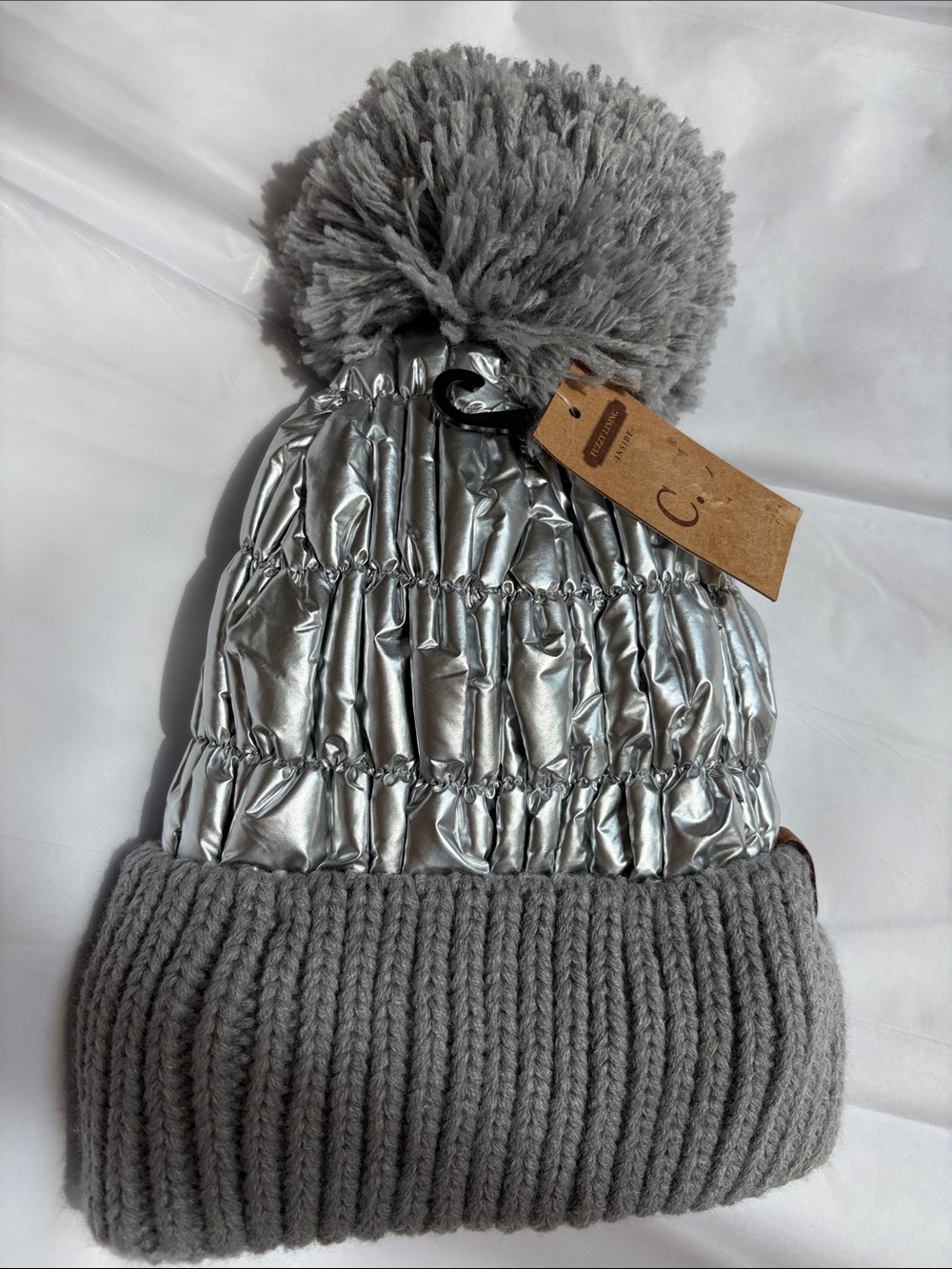 NWT C.C Super Warm Fleece Lined Quilted Silver Metalic Extra Warm Cuffed Beanie